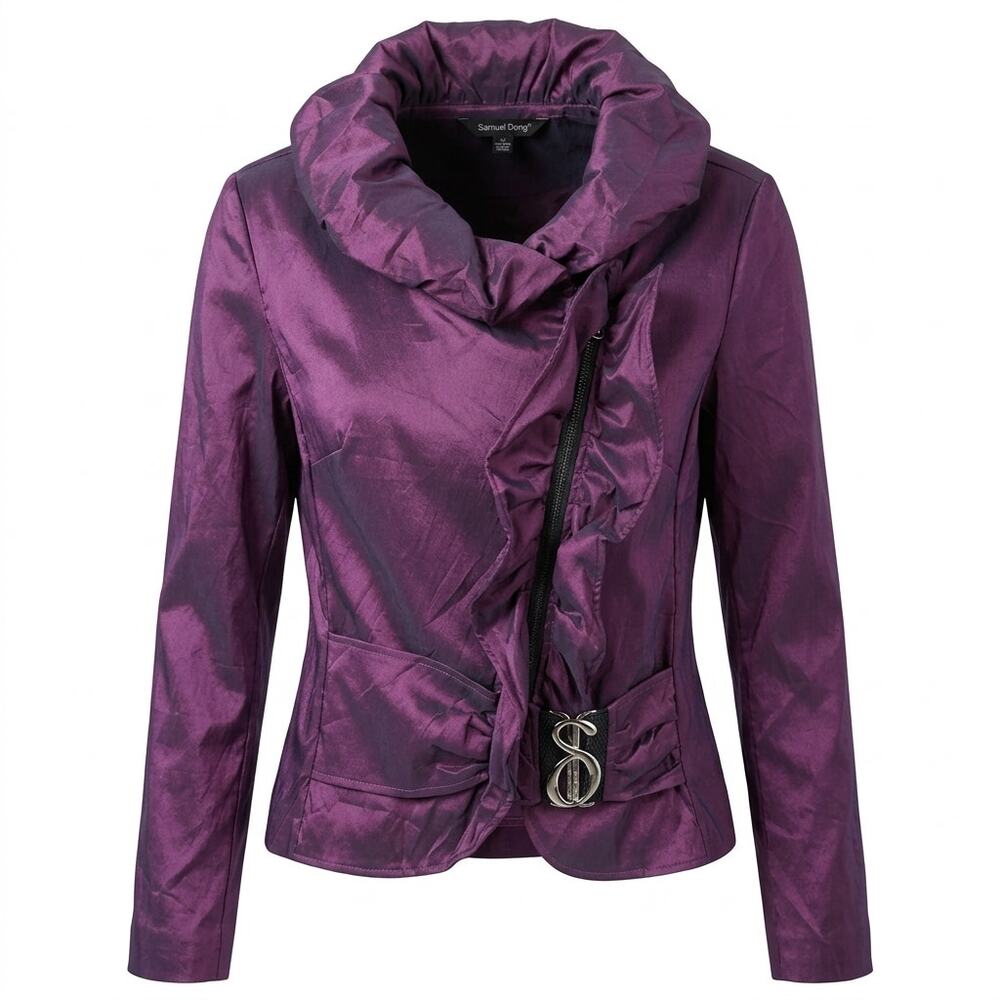Samuel Dong  Metallic Ruffle Collar Asymmetrical Zip Jacket Women Size M